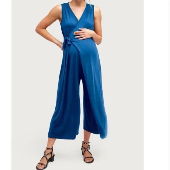 NOM Maternity Jumpsuit Womens Size Small Blue Sleeveless Wrap Wide Leg Francesca - Picture 6 of 6